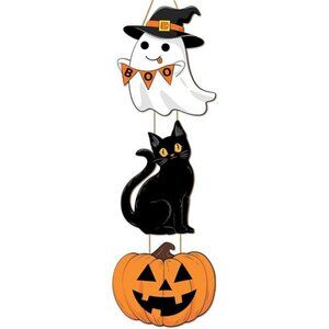 Halloween Ghost Black Cat Pumpkin Door Hanging Sign Decorations, 3 Plaques